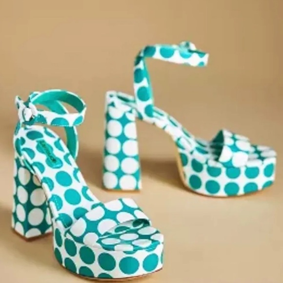 Anthropologie Larroude Dolly Platform Sandal Green White Patent Polka Dot - Picture 8 of 10